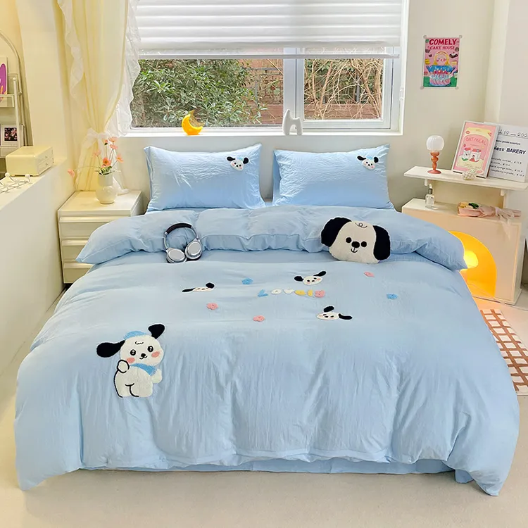 A类超柔软可爱卡通毛巾绣花水洗棉床笠四件套被套床单宿舍三件套