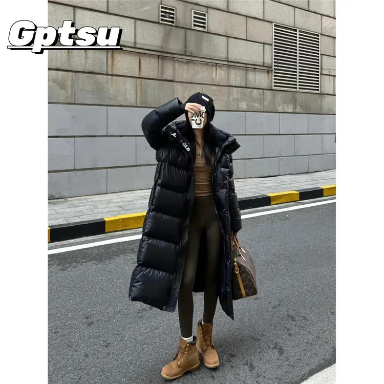 GPTSu黑金七格开衩2025高端韩版黑色时尚羽绒服女士过膝连帽冬季