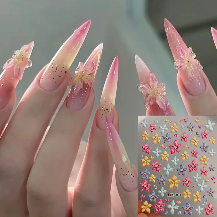 妃遇 七彩五瓣花5D浮雕指甲贴纸恶魔花美甲贴纸diy随身ccd饰品