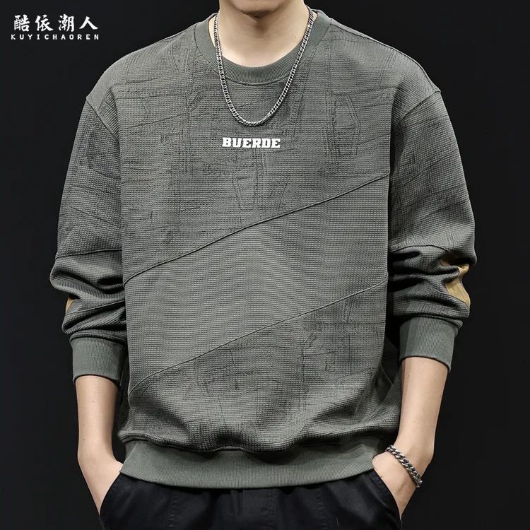 提花撞色拼接卫衣男士秋季2025新款潮牌大码休闲长袖秋冬加绒衣服