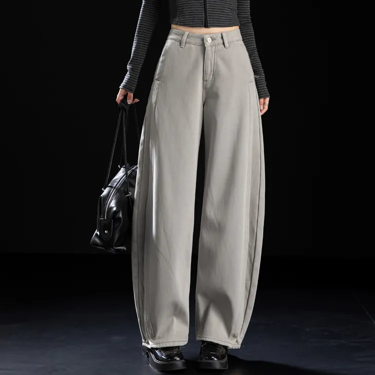 米灰色加绒牛仔裤女款爆款2025新款秋冬加厚长裤阔腿弯刀裤镰刀裤