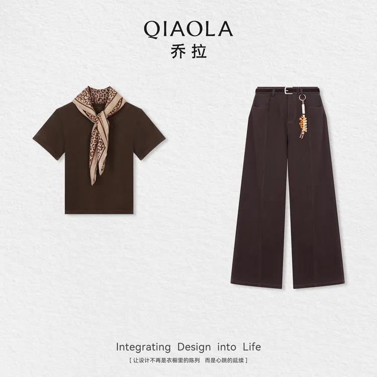 QIAOLA/乔拉【美式报刊】秋季羊毛桑蚕丝百搭上衣梭织斜纹长裤预售