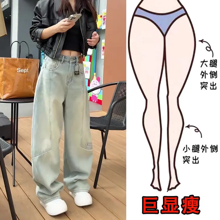 冬季新款加绒加厚女装时尚潮流牛仔裤高腰宽松显瘦直筒阔腿长裤