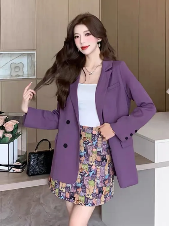 美拉德西装套装裙女秋季新款时尚洋气紫色西服外套提花半裙两件套