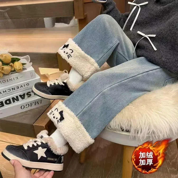 女童裤子一体加绒儿童牛仔裤秋冬冬季新款2025加厚宝宝筒裤