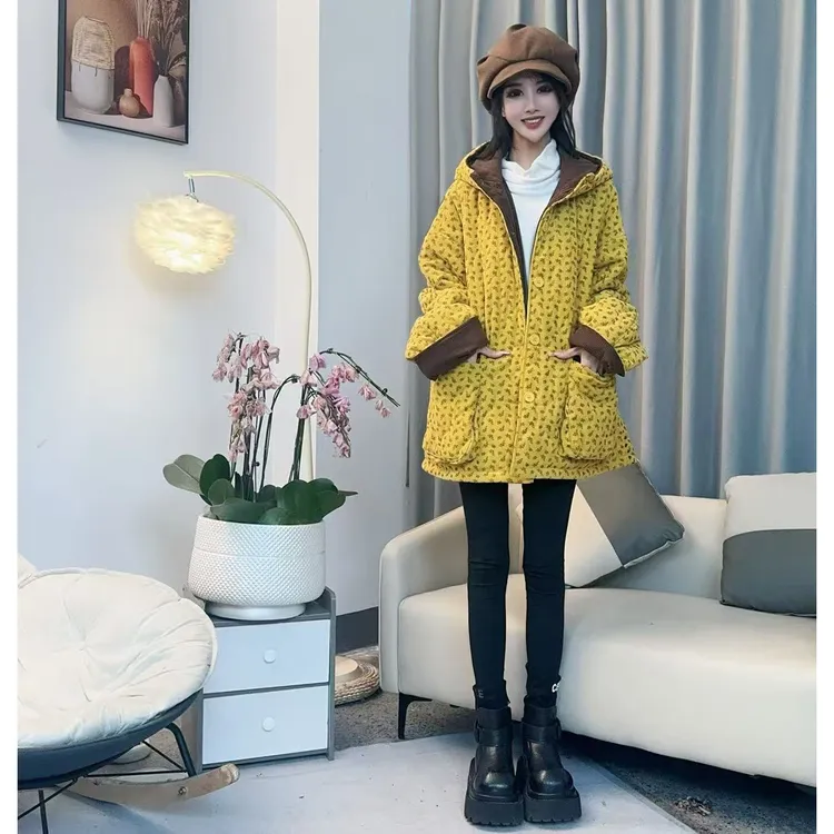 【沐木流浪记】（锁心）韩版时尚碎花连帽大口袋棉服外套新z