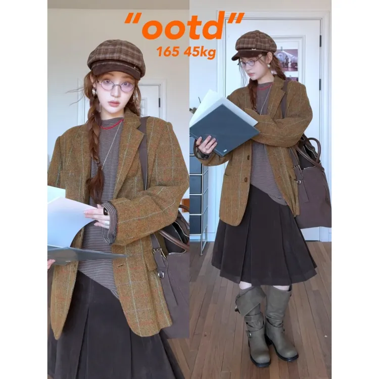 MARIE.COCO韩系复古打底衫叠穿格纹高级西装外套搭简约半身裙秋冬