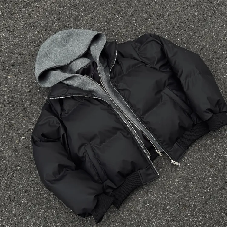 PU皮假两件连帽宽松棉衣男女保暖短款潮流冬季纯色加厚棉服秋冬季
