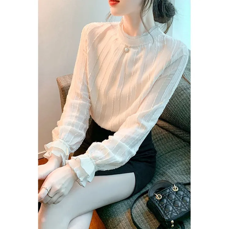 加绒加厚雪纺女秋冬修身长袖立领打底衫半高领木耳边蕾丝T恤小衫