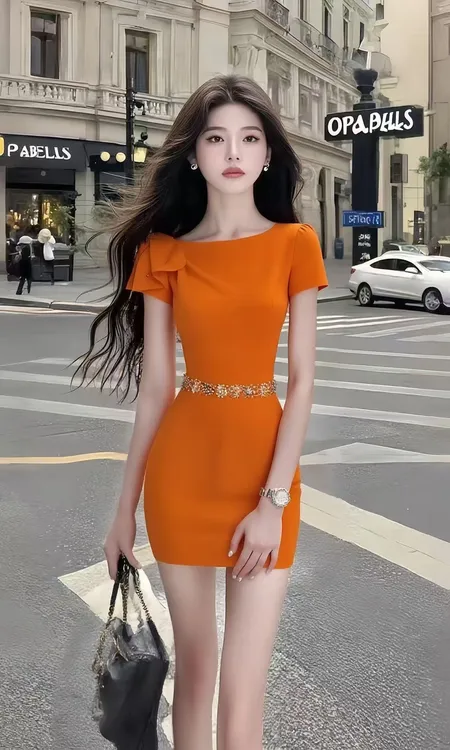 轻奢优雅知性风橙色设计感圆领短袖修身收腰包臀连衣裙时尚高级感