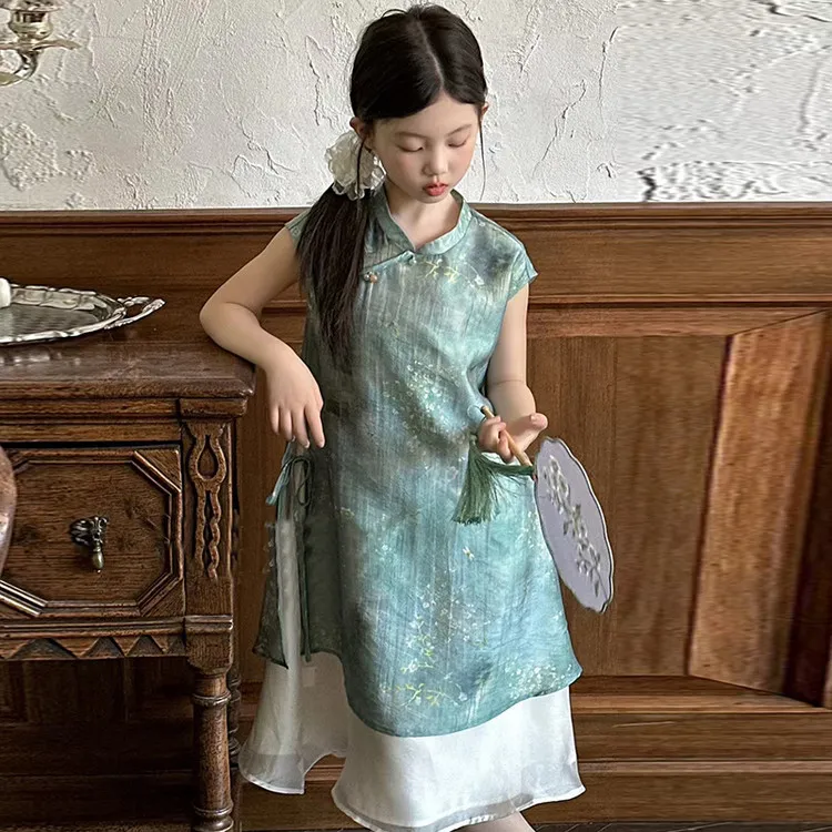 2025新款夏季复古旗袍裙女童连衣裙洋气小女孩新中式古风民国风