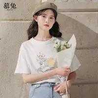 慕兔ins宽松白色正肩印花短袖t恤女2025夏季新款设计感小众上衣潮