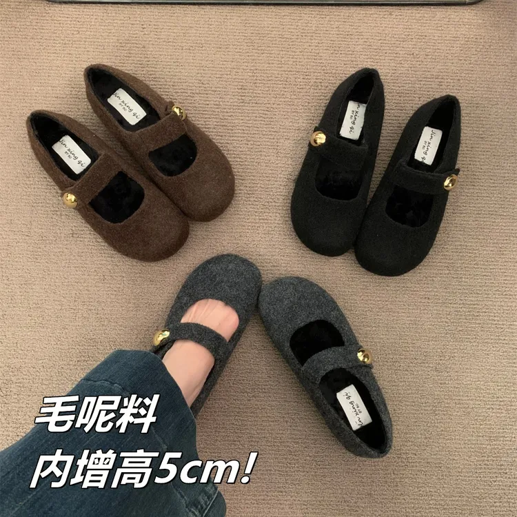 复古灰色尼子一字带玛丽珍勃肯鞋子秋冬保暖棉鞋加绒单鞋女内增高