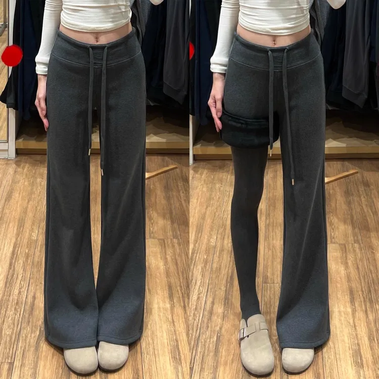 加绒加厚美式运动裤女2025秋冬新款阔腿裤高腰显瘦直筒休闲阔腿裤