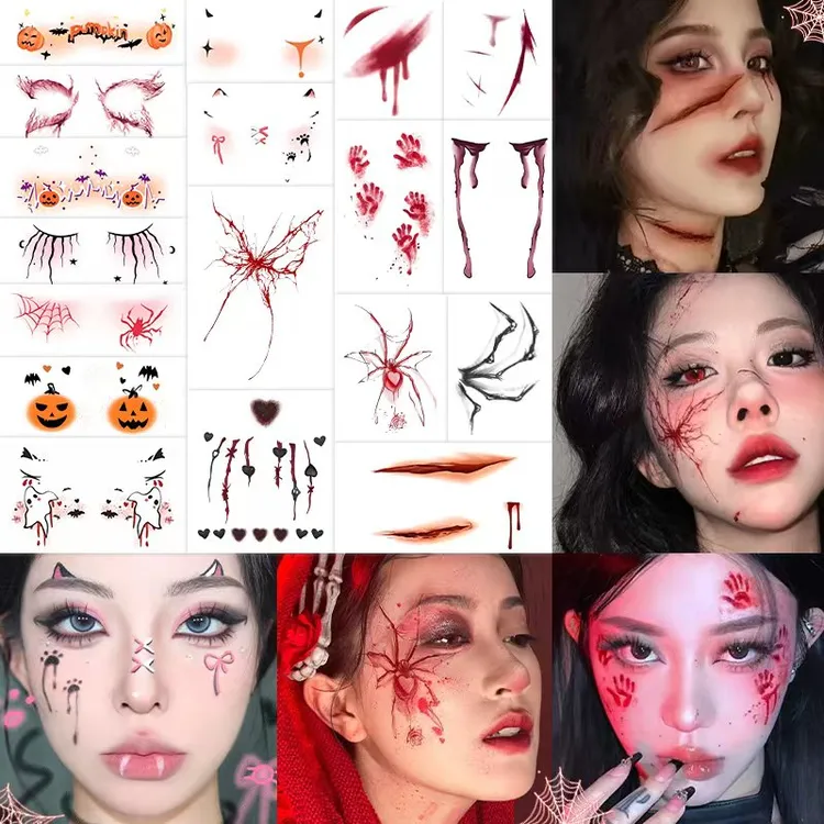 爆款万圣节妆容脸贴高颜值仿真伤疤蜘蛛幽灵南瓜防水逼真COS出片