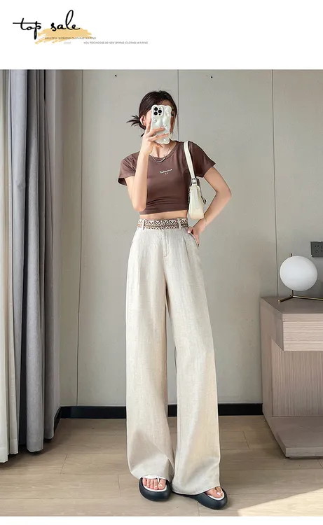 夏季薄款天丝亚麻高腰阔腿裤女百搭休闲直筒拖地裤
