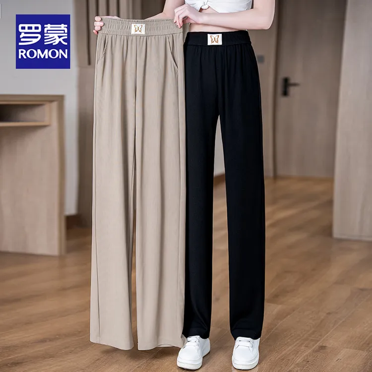罗蒙女装冰丝阔腿裤女夏季薄款2025新款高腰宽松垂感直筒裤子