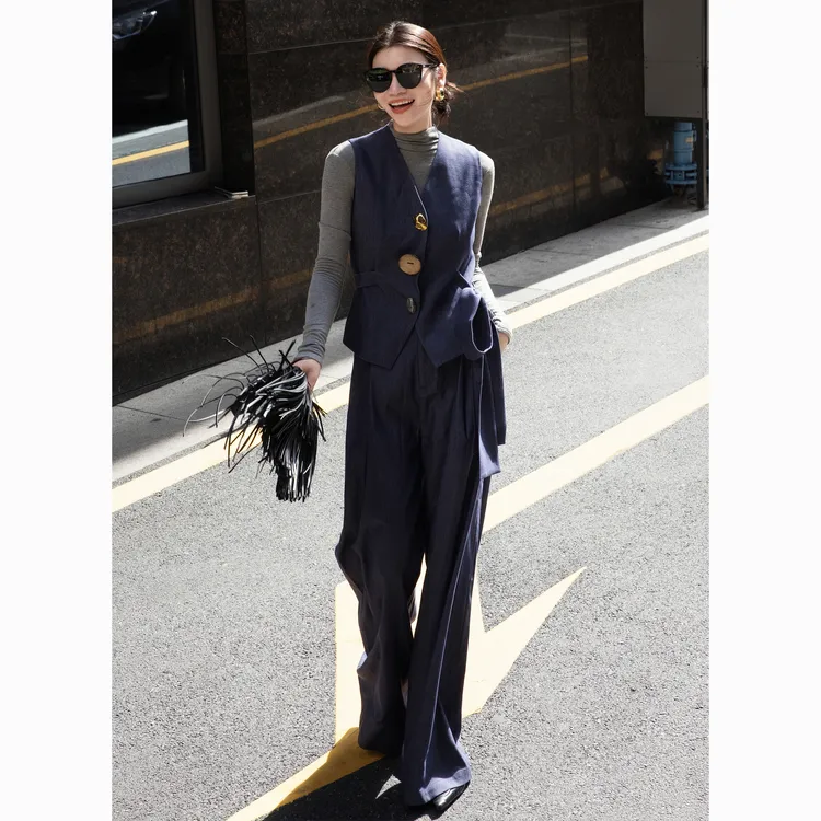 ZEROYK老钱风时尚套装女秋季新款蓝色修身绑带马甲阔腿裤两件套