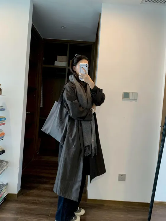 英伦风宽松休闲大翻领长款深灰色风衣外套女2025秋季高腰休闲裤