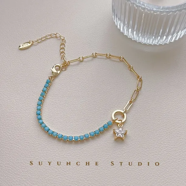 铜合金合成锆石手链 Suyunche2522绿色金色ins个性简约镶钻手链