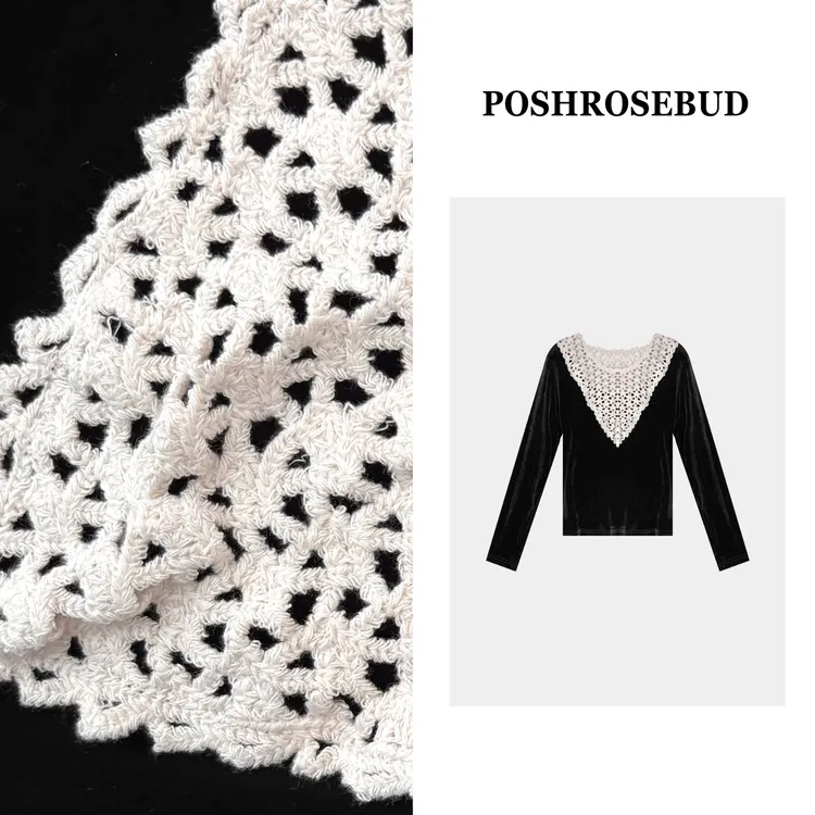 POSHROSEBUD【法式蔷薇】拼色蕾丝镂空勾花时尚丝绒上衣衫-259603