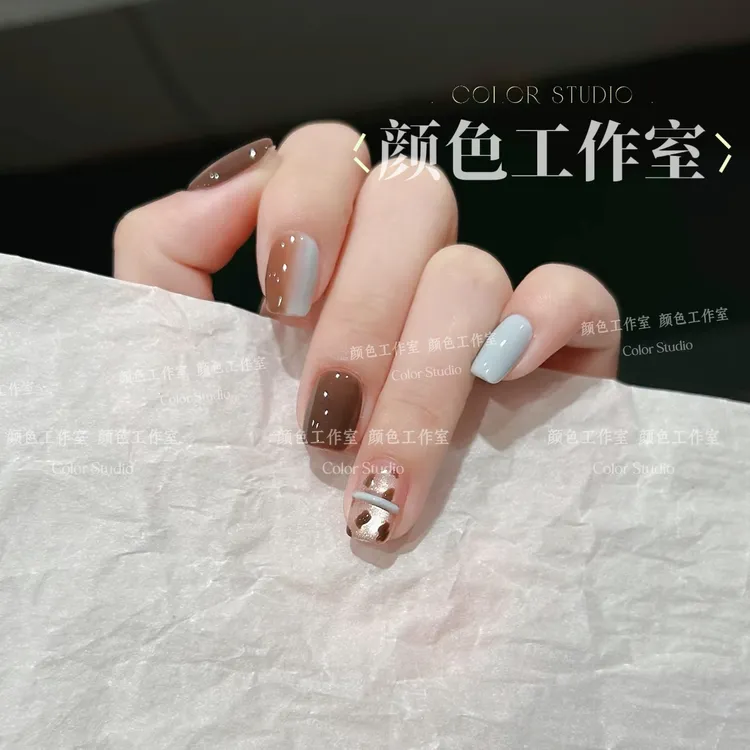 【蓝腰豹纹】简约纯手工穿戴甲棕蓝色ins风显白气质短款穿戴贴片