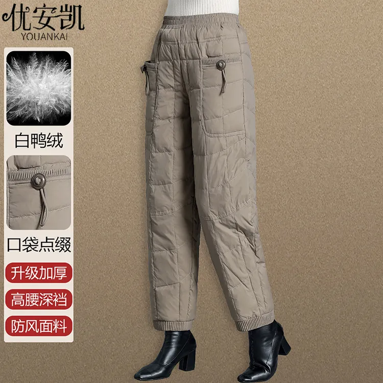 羽绒裤女外穿妈妈裤子冬季加厚宽松高腰松紧中老年人直筒棉裤保暖