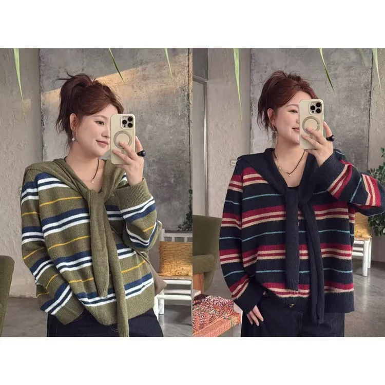 晶咕佳佳【绿野寻踪】带披肩设计感条纹纽扣套头毛衣针织时尚休闲
