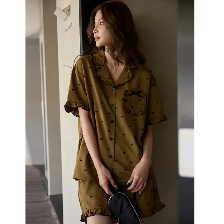 美腾柔软棉睡衣女士夏季薄款短袖复古家居服7A抗菌甜美蝴蝶结套装