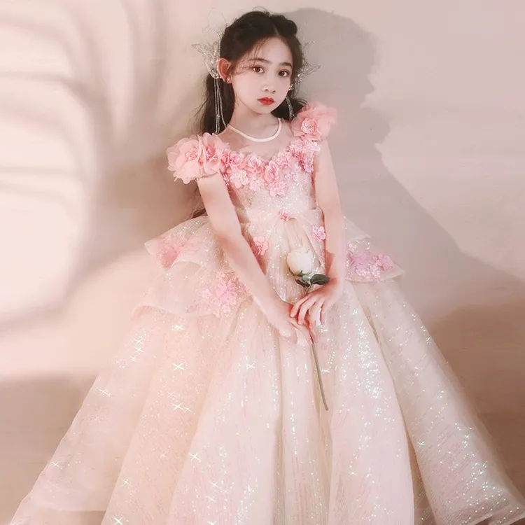 女童主持人晚礼服公主裙粉色儿童高端轻奢小众花童钢琴演奏演出服