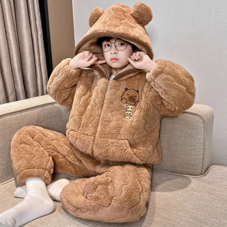 三层夹棉儿童冬季法兰绒男童睡衣加绒加厚连帽卡通洋气保暖家居服