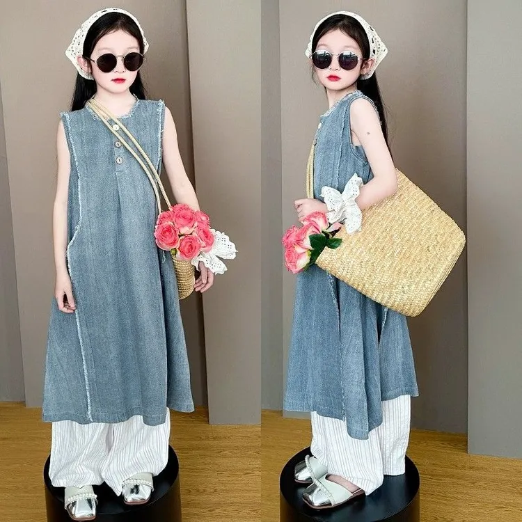 女童夏季牛仔连衣裙背心裙两件套儿童夏季时髦网红休闲套装中大童