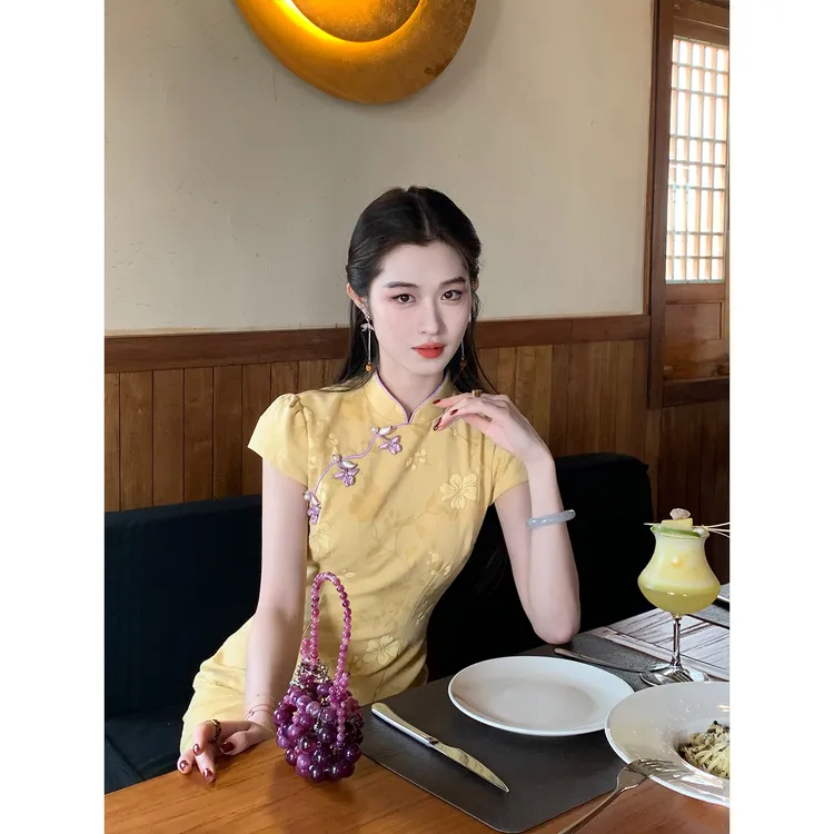 凌茜恣禾【金丝燕】国风新中式黄麻底发泡印花连衣裙复古改良旗袍裙