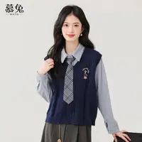 慕兔学院风套装女2025冬季新款灯芯绒衬衫叠穿针织马甲背心两件套