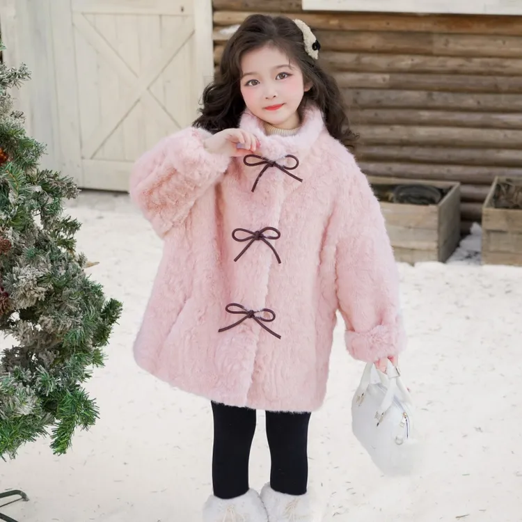 女童25冬新款环保皮毛一体外套甜美仿小胡羊毛毛大衣儿童蝴蝶结