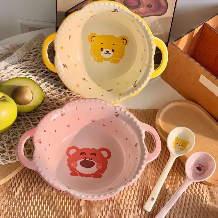 奶油小熊一人食餐具家用碗盘碟套装汤碗饭碗家用陶瓷盘子釉下彩