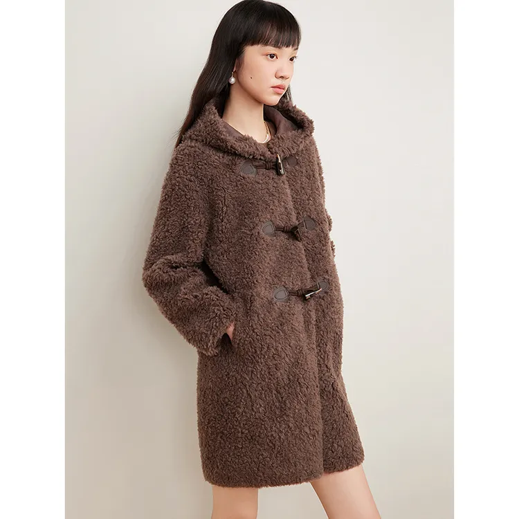 Goodland美地冬季中长款牛角扣连帽羊毛大衣外套LC34580430