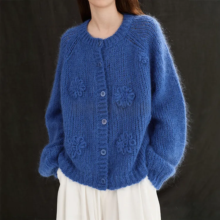 Music eyes音眸 马海毛针织开衫女宽松重工手绣立体花朵毛衣外套