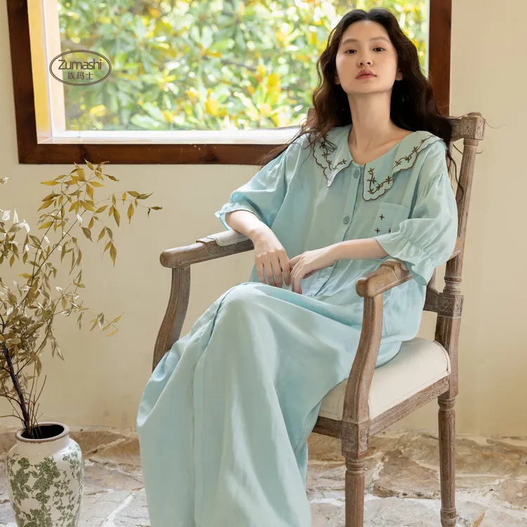 族玛士睡裙睡衣女夏季短袖纯棉纱布夏天长款大码刺绣家居服连衣裙