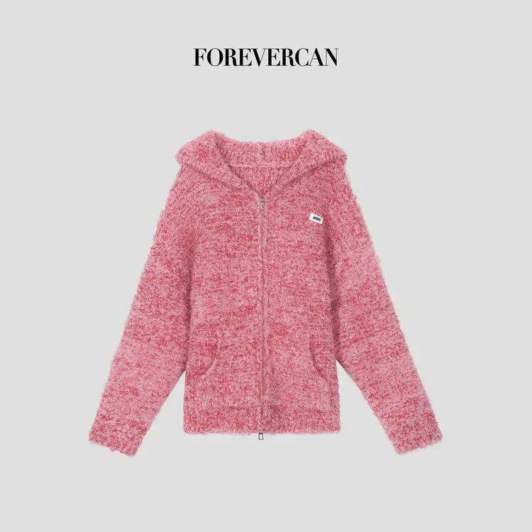FOREVERCAN“莓有烦恼”慵懒风意大利花式纱连帽针织开衫外套MY4381