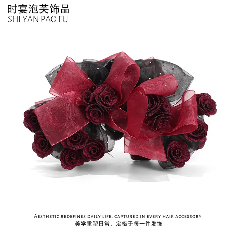 时宴泡芙丝带玫瑰鲨鱼夹蝴蝶结高级新年优雅发夹百搭后脑勺抓夹女