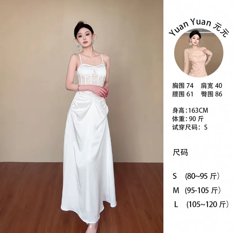 C579 0509-4【Yy】法式气质名媛蕾丝拼接鱼骨束腰吊带宴会礼服裙女