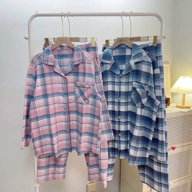 豆剪标女春秋磨毛长袖睡衣棉家居服套装格纹翻领开衫