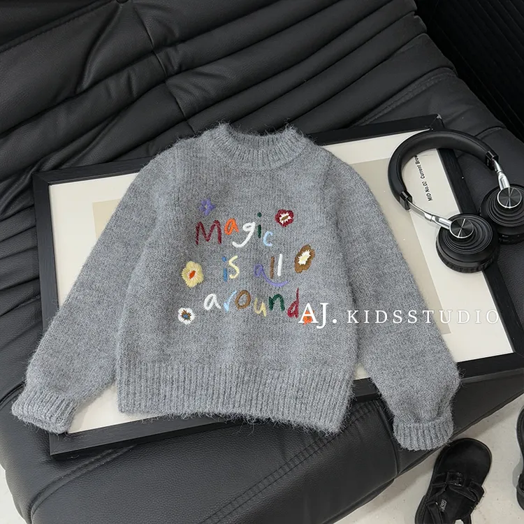 【多巴胺魔法】阿卷冬装男女童时尚多巴胺字母绣花保暖毛衣MPG7669