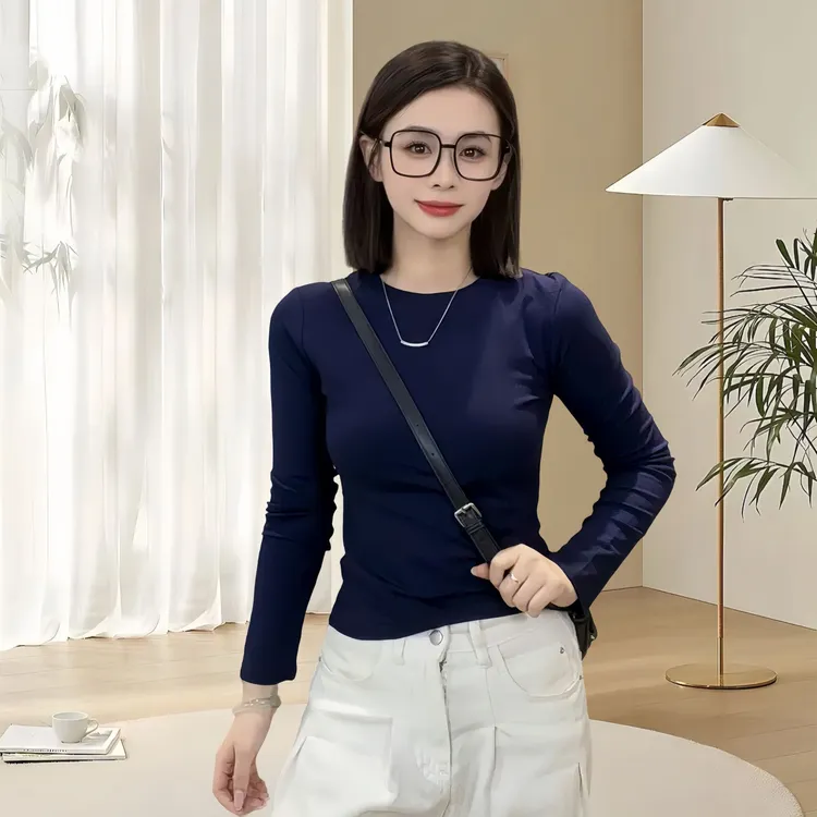 藏青色圆领正肩修身短款内搭莫代尔打底衫上衣女初秋韩系穿搭长袖