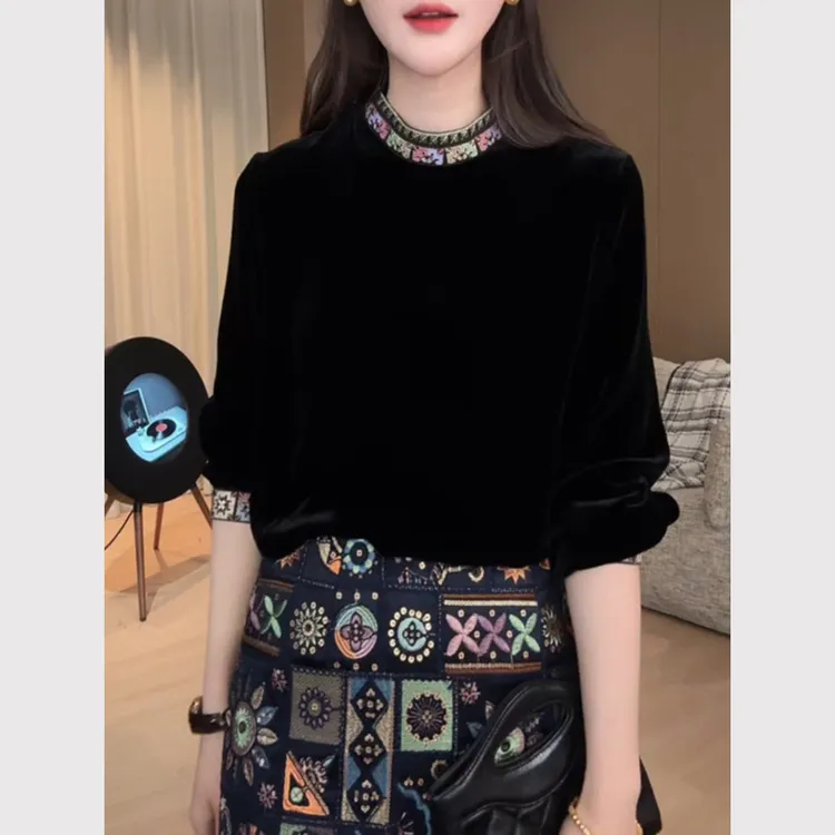2025秋装新中式国风黑色丝绒衬衫高级感女士洋气衣服唐装打底上衣