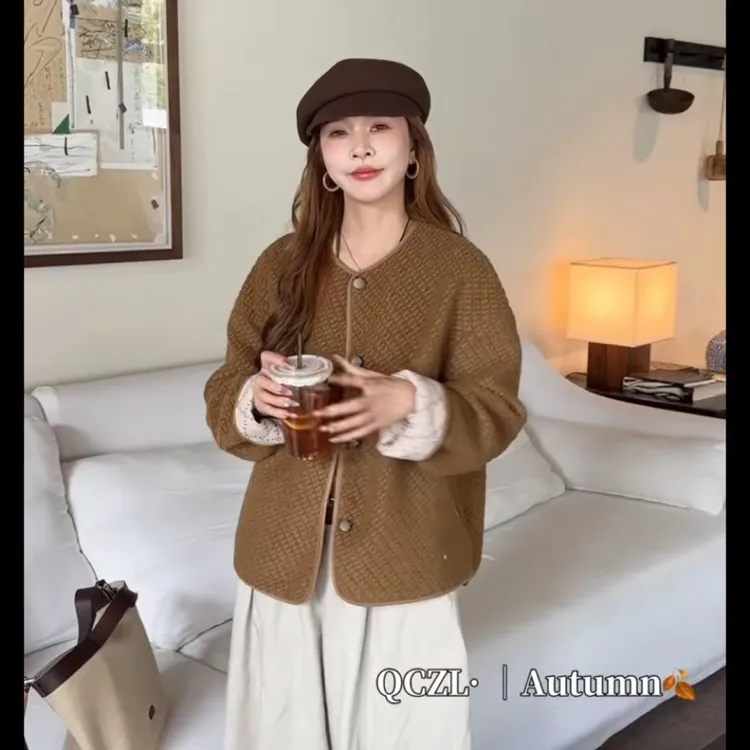 9253两面穿气质长袖圆领女装女上衣小香风冬季保暖短外套