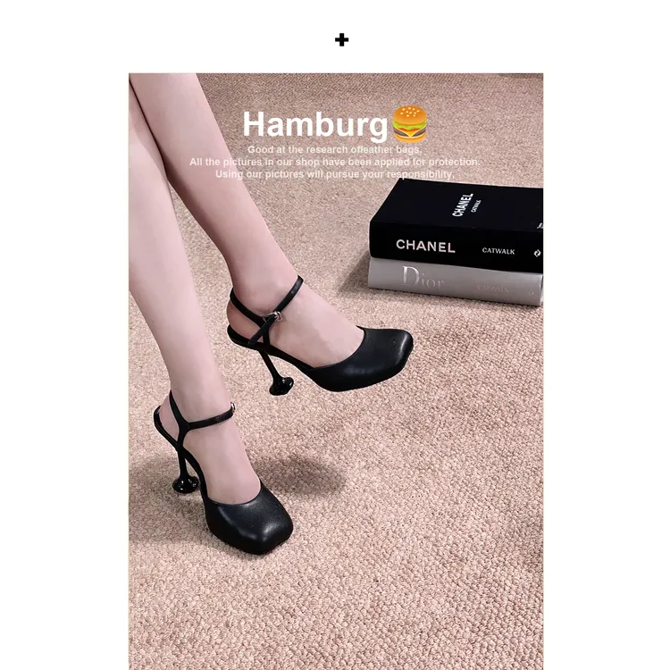 【汉堡Hamburg】幂幂同款大方头后空浅口单鞋女新款时髦复古高跟鞋