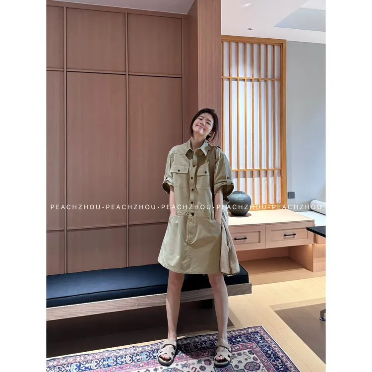 『PEACHZHOU』日系工装口袋宽松翻领系扣短袖衬衫短裙休闲连衣裙女