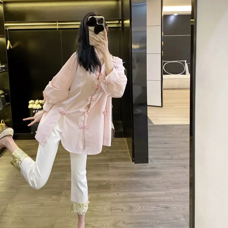 新中式粉色衬衫女春秋法式时尚宽松设计感小众长袖气质衬衣韩版潮